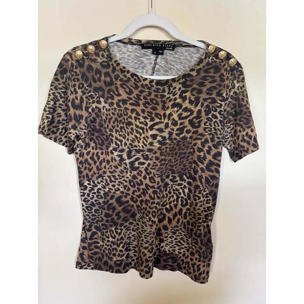 Veronica Beard Jeans XS Pima Cotton Knit Leopard Crew Tee Gold Button Accents
